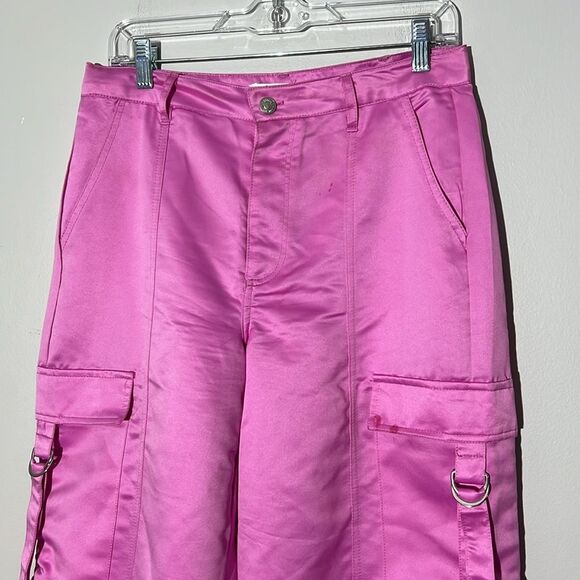 Almost Famous Metallic Shiny Pink Cargo Baggy Wide Leg Pants Junior's 7 - Picture 2 of 9